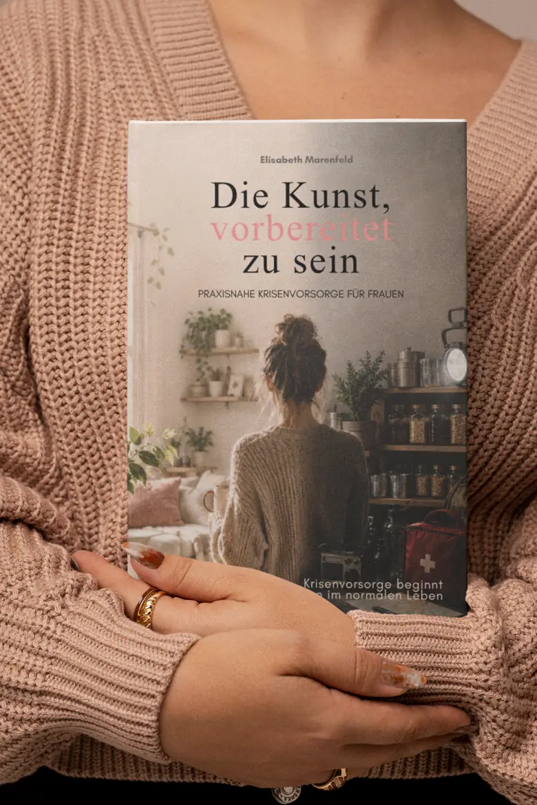 Das Buch „Die Kunst, vorbereitet zu sein“, gehalten von einer Frau in einem rosé Strickpullover. Auf dem Cover steht eine Frau vor einem Regal mit Vorratsgläsern.