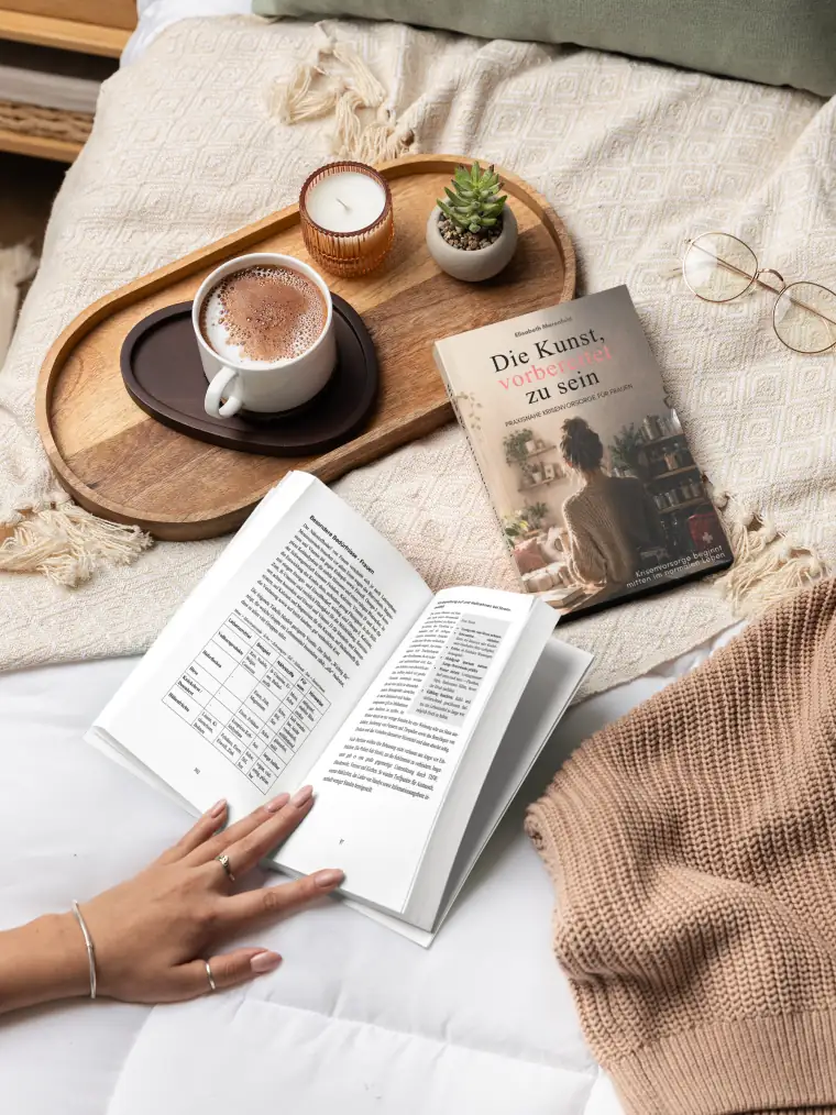 Das aufgeschlagene Buch auf einer hellen Decke, daneben ein Tablett mit Kaffee, einer Kerze und einer Sukkulente.