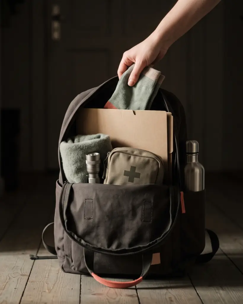 Ein gepackter Rucksack auf einem Dielenboden: eine Hand legt Socken hinein, daneben liegen eine Decke, eine Taschenlampe, eine Erste-Hilfe-Tasche und eine Trinkflasche.